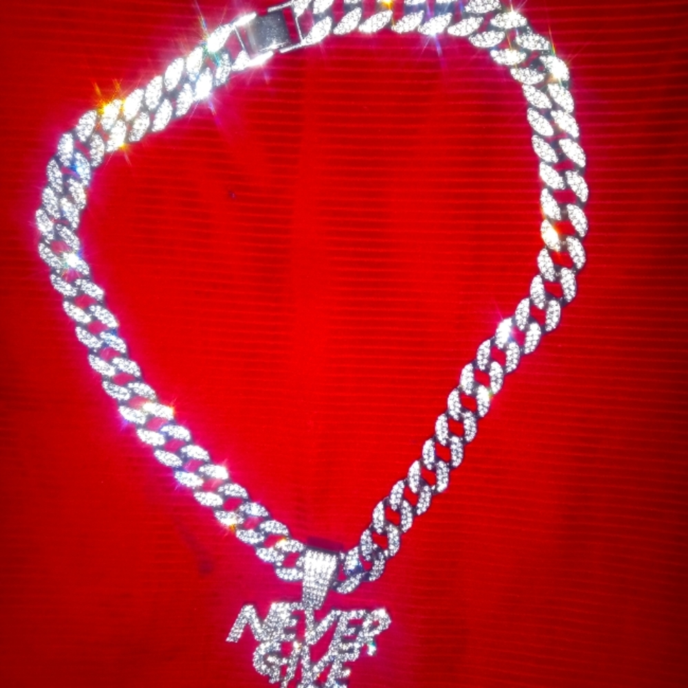 NEVER GIVE UP charm and 24 inch chain